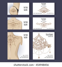 Set of business cards templates for tattoo salon or invitation cards with floral ornaments. Vector corporate style.