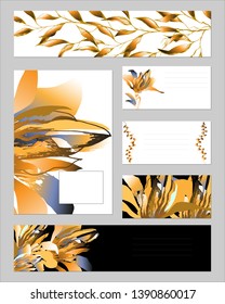 Set of business cards and templates for text. Templates for corporate identity with a gold floral pattern. Natural ornament for modern design, advertising, posters, advertisements.