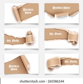 Set of business cards with torn paper. Vector illustration