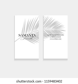 Set of Business cards tropical graphic design, tropical palm leaf. Vector illustration. Creative business card template design. Corporate identity templates in tropical style with hand drawn leaves.