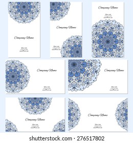 Set of business cards. Vintage pattern in retro style with ornament. Hand drawn Islam, Arabic, Indian, lace pattern