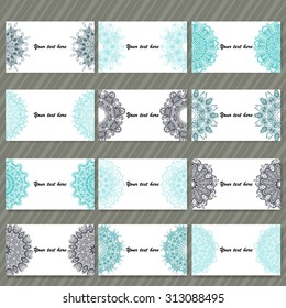 Set of  business cards. Vintage pattern in retro style with mandala. Aqua, teal and grey line art.