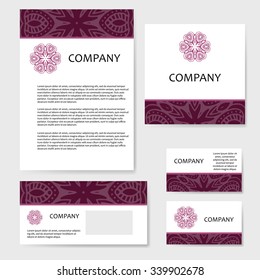 Set of business cards. Vintage pattern in retro style with mandala. Hand drawn Islam, Arabic, Indian, lace pattern