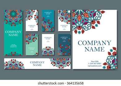 Set of business cards. Vintage pattern in retro style with mandala. Hand drawn Islam, Arabic, Indian, lace pattern