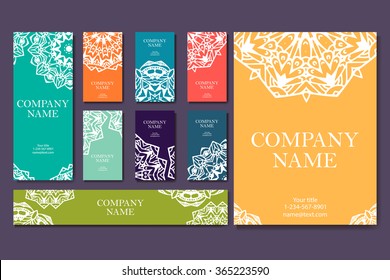 Set of business cards. Vintage pattern in retro style with mandala. Hand drawn Islam, Arabic, Indian, lace pattern