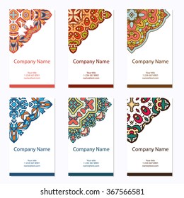 Set of business cards. Vintage pattern in retro style with mandala. Hand drawn Islam, Arabic, Indian, lace pattern