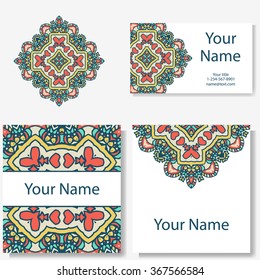 Set of business cards. Vintage pattern in retro style with mandala. Hand drawn Islam, Arabic, Indian, lace pattern