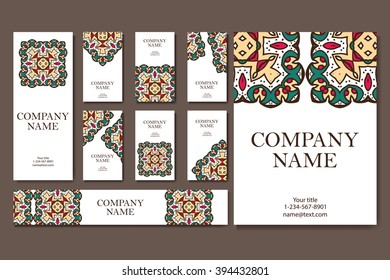 Set of business cards. Vintage pattern in retro style with mandala. Hand drawn Islam, Arabic, Indian, lace pattern
