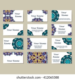 Set of  business cards. Vintage pattern in retro style with mandala. Hand drawn Islam, Arabic, Indian, lace pattern