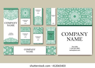 Set of  business cards. Vintage pattern in retro style with mandala. Hand drawn Islam, Arabic, Indian, lace pattern