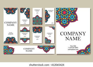 Set of  business cards. Vintage pattern in retro style with mandala. Hand drawn Islam, Arabic, Indian, lace pattern