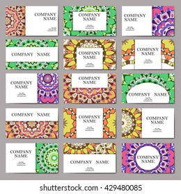 Set of business cards. Vintage pattern in retro style with mandala. Hand drawn Islam, Arabic, Indian, lace pattern