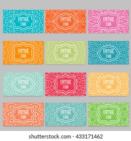 Set of business cards. Vintage pattern in retro style with mandala. Hand drawn Islam, Arabic, Indian, lace pattern