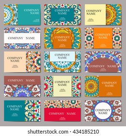 Set of business cards. Vintage pattern in retro style with mandala. Hand drawn Islam, Arabic, Indian, lace pattern