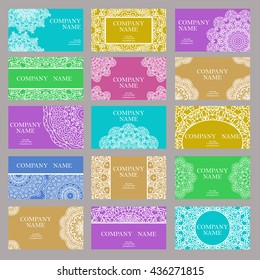 Set of business cards. Vintage pattern in retro style with mandala. Hand drawn Islam, Arabic, Indian, lace pattern