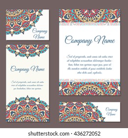 Set of business cards. Vintage pattern in retro style with mandala. Hand drawn Islam, Arabic, Indian, lace pattern
