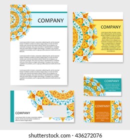 Set of business cards. Vintage pattern in retro style with mandala. Hand drawn Islam, Arabic, Indian, lace pattern