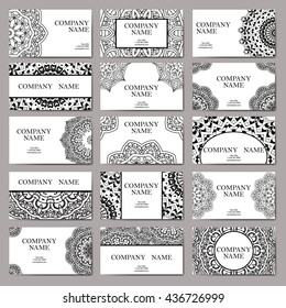 Set of business cards. Vintage pattern in retro style with mandala. Hand drawn Islam, Arabic, Indian, lace pattern