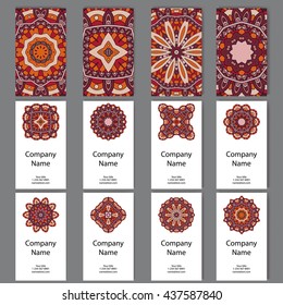 Set of business cards. Vintage pattern in retro style with mandala. Hand drawn Islam, Arabic, Indian, lace pattern