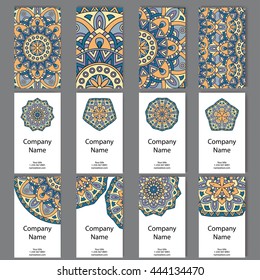 Set of business cards. Vintage pattern in retro style with mandala. Hand drawn Islam, Arabic, Indian, lace pattern