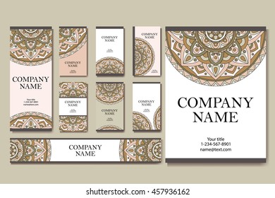 Set of business cards. Vintage pattern in retro style with mandala. Hand drawn Islam, Arabic, Indian, lace pattern