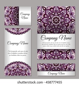 Set of business cards. Vintage pattern in retro style with mandala. Hand drawn Islam, Arabic, Indian, lace pattern