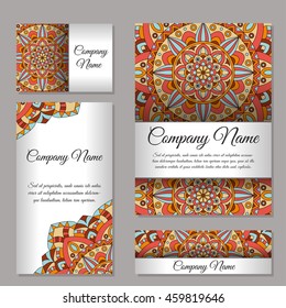 Set of business cards. Vintage pattern in retro style with mandala. Hand drawn Islam, Arabic, Indian, lace pattern