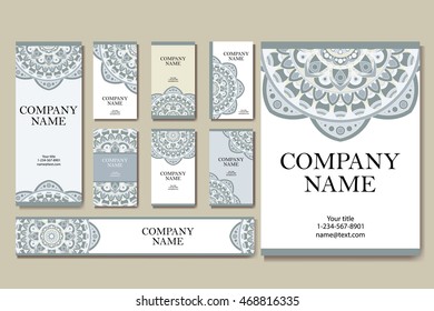 Set of business cards. Vintage pattern in retro style with mandala. Hand drawn Islam, Arabic, Indian, lace pattern