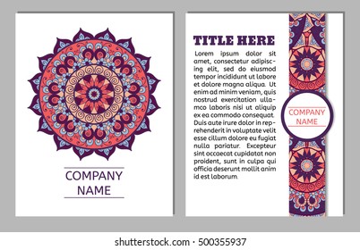 Set of business cards. Vintage pattern in retro style with mandala. Hand drawn Islam, Arabic, Indian, ottoman pattern.