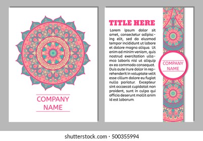 Set of business cards. Vintage pattern in retro style with mandala. Hand drawn Islam, Arabic, Indian, ottoman pattern.
