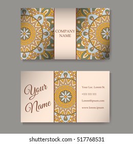 Set of business cards. Vintage pattern in retro style with mandala. Hand drawn Islam, Arabic, Indian, lace pattern