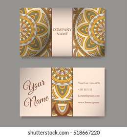 Set of business cards. Vintage pattern in retro style with mandala. Hand drawn Islam, Arabic, Indian, lace pattern
