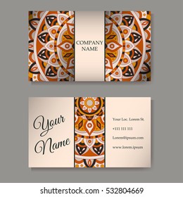 Set of business cards. Vintage pattern in retro style with mandala. Hand drawn Islam, Arabic, Indian, lace pattern
