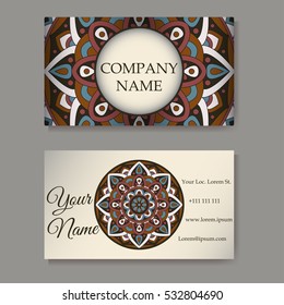 Set of business cards. Vintage pattern in retro style with mandala. Hand drawn Islam, Arabic, Indian, lace pattern
