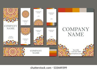 Set of business cards. Vintage pattern in retro style with mandala. Hand drawn Islam, Arabic, Indian, lace pattern