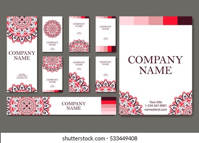 Set of business cards. Vintage pattern in retro style with mandala. Hand drawn Islam, Arabic, Indian, lace pattern