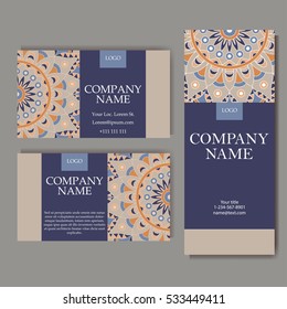 Set of business cards. Vintage pattern in retro style with mandala. Hand drawn Islam, Arabic, Indian, lace pattern