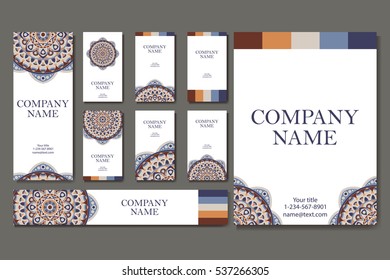 Set of business cards. Vintage pattern in retro style with mandala. Hand drawn Islam, Arabic, Indian, lace pattern
