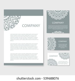 Set of business cards. Vintage pattern in retro style with mandala. Hand drawn Islam, Arabic, Indian, lace pattern
