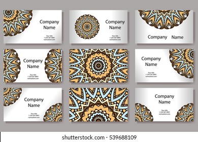 Set of business cards. Vintage pattern in retro style with mandala. Hand drawn Islam, Arabic, Indian, lace pattern