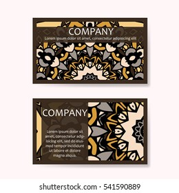 Set of business cards. Vintage pattern in retro style with mandala. Hand drawn Islam, Arabic, Indian, lace pattern