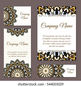 Set of business cards. Vintage pattern in retro style with mandala. Hand drawn Islam, Arabic, Indian, lace pattern