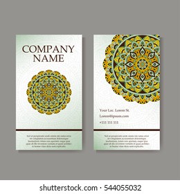 Set of business cards. Vintage pattern in retro style with mandala. Hand drawn Islam, Arabic, Indian, lace pattern