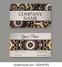 Set of business cards. Vintage pattern in retro style with mandala. Hand drawn Islam, Arabic, Indian, lace pattern