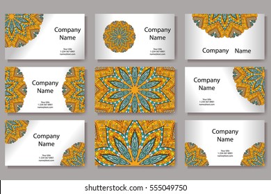 Set of business cards. Vintage pattern in retro style with mandala. Hand drawn Islam, Arabic, Indian, lace pattern