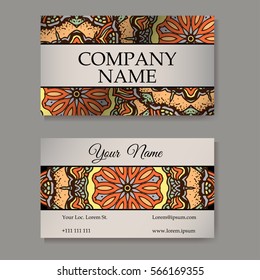 Set of business cards. Vintage pattern in retro style with mandala. Hand drawn Islam, Arabic, Indian, lace pattern