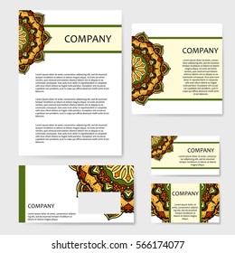 Set of business cards. Vintage pattern in retro style with mandala. Hand drawn Islam, Arabic, Indian, lace pattern