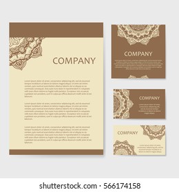 Set of business cards. Vintage pattern in retro style with mandala. Hand drawn Islam, Arabic, Indian, lace pattern