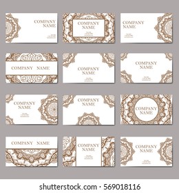 Set of business cards. Vintage pattern in retro style with mandala. Hand drawn Islam, Arabic, Indian, lace pattern