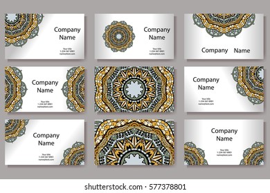 Set of business cards. Vintage pattern in retro style with mandala. Hand drawn Islam, Arabic, Indian, lace pattern